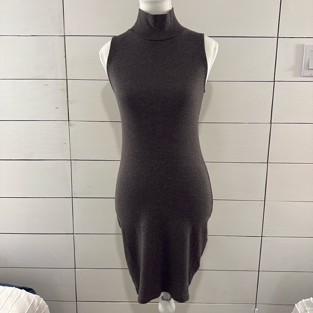 TNA Grey Sheath Midi Dress Mock Neck Sleeveless